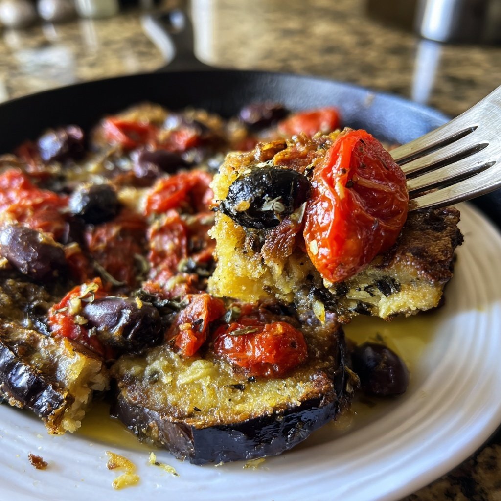 Auberginenpfanne mit Tomaten und Oliven